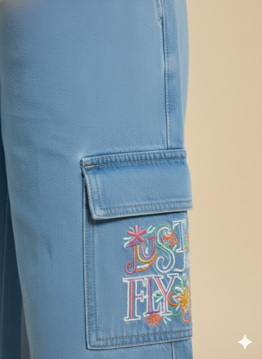 Girl Butterfly Embroidered Denim Jean light Blue GFJ-T002
