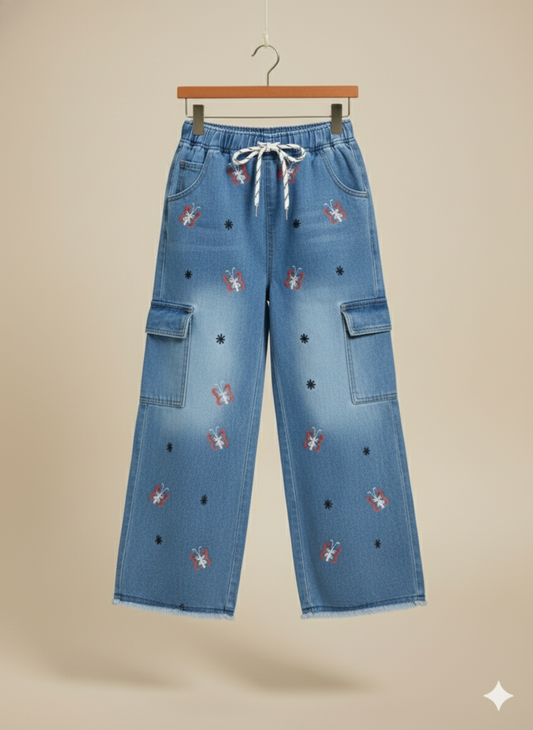 Girl Blue Butterfly Embroidered Denim Jean GFJ-T001