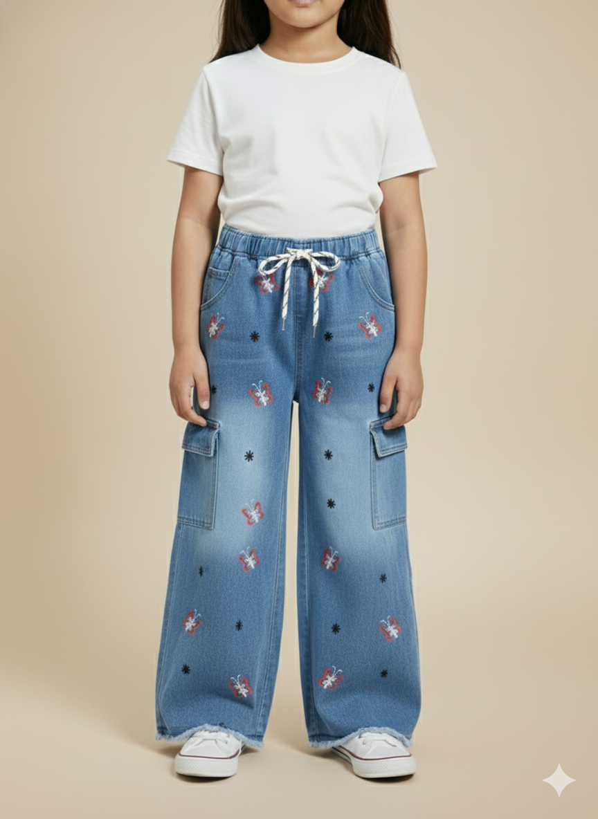 Girl Blue Butterfly Embroidered Denim Jean GFJ-T001