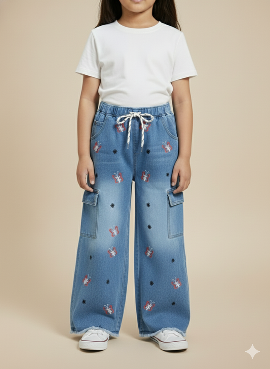 Girl Blue Butterfly Embroidered Denim Jean GFJ-T001