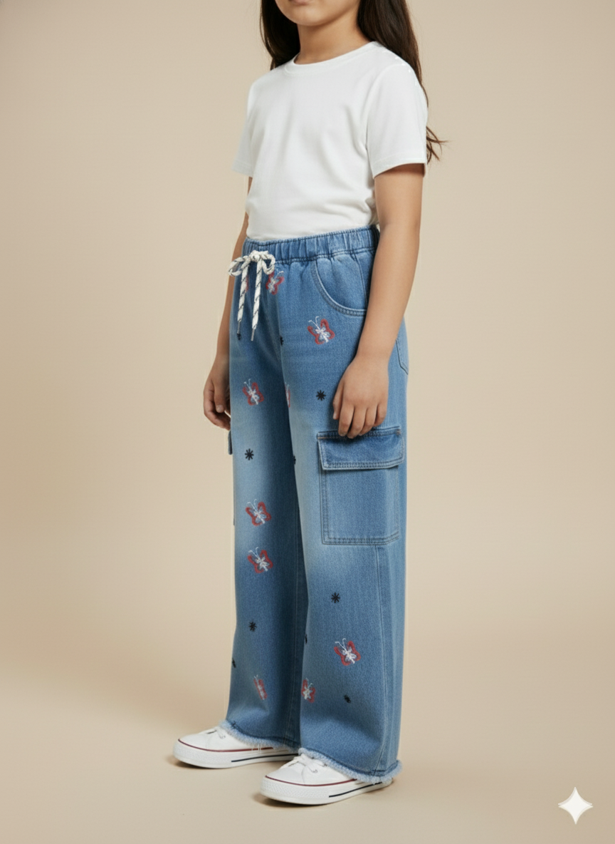 Girl Blue Butterfly Embroidered Denim Jean GFJ-T001