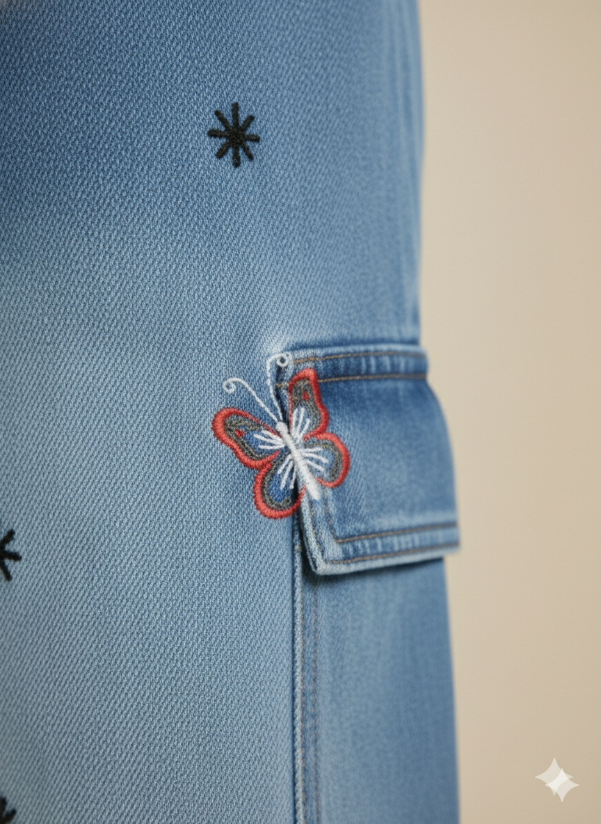 Girl Blue Butterfly Embroidered Denim Jean GFJ-T001