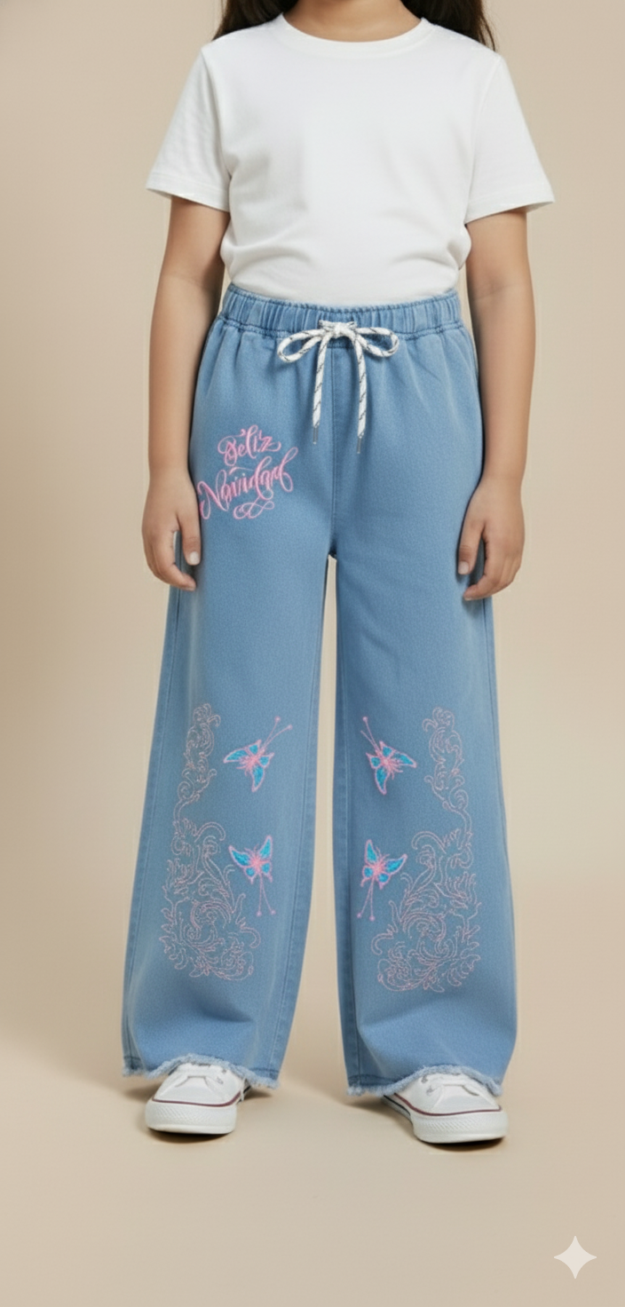 Girl Butterfly Embroidered Denim Jean light Blue GFJ-T005