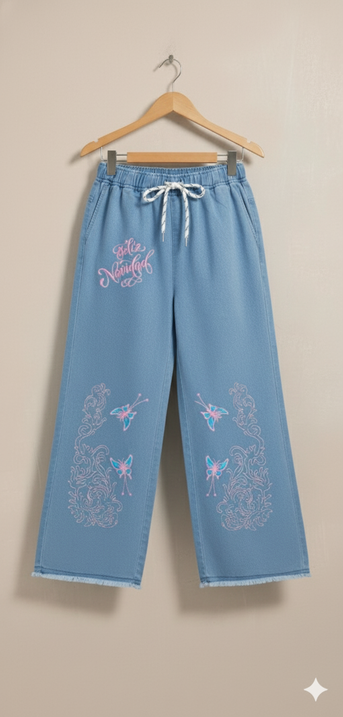 Girl Butterfly Embroidered Denim Jean light Blue GFJ-T005