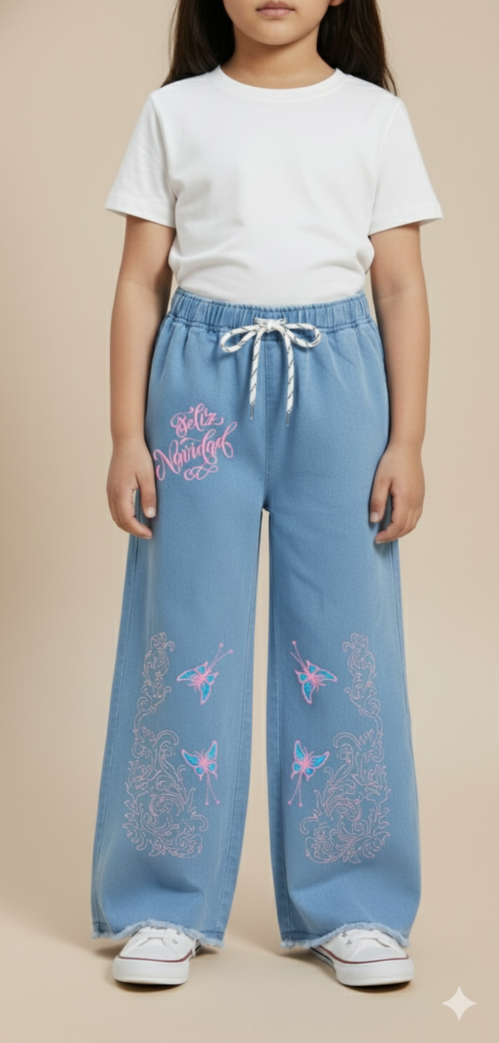 Girl Butterfly Embroidered Denim Jean light Blue GFJ-T005