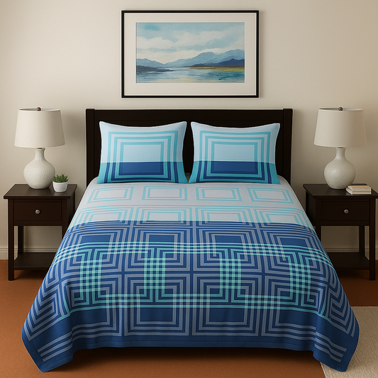 Bedroom with a bed featuring a blue and white geometric patterned comforter, two nightstands with lamps, and a framed landscape painting on the wall.