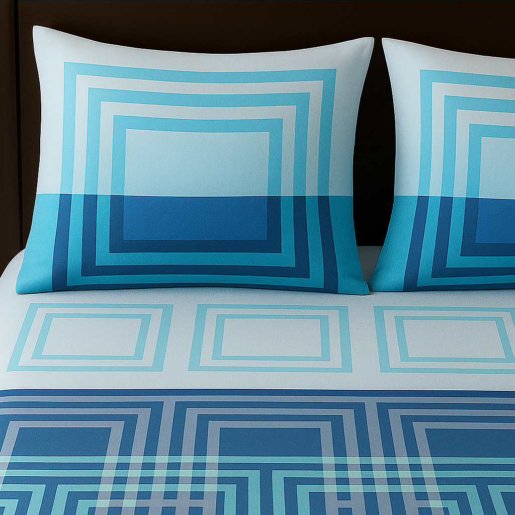 Blue and white geometric patterned pillows on a bed.
