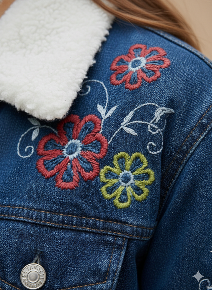 Girl Floral Embroidered Denim Jacket Blue – Dark Blue GFDJ-T005