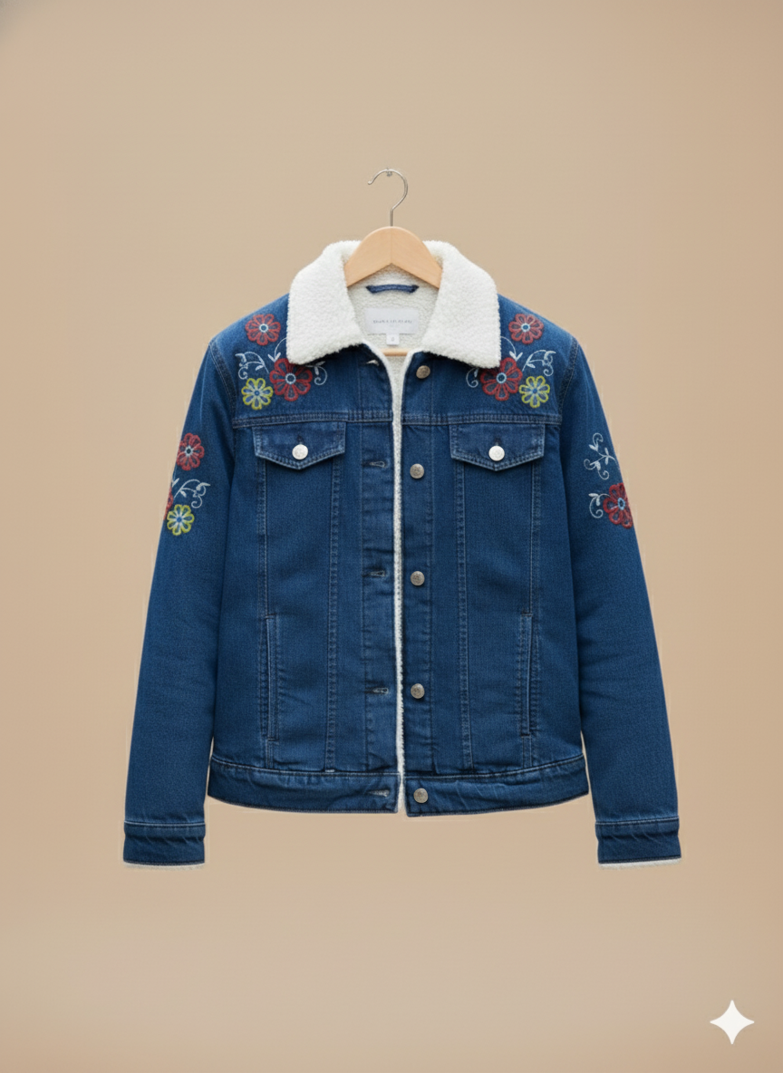 Girl Floral Embroidered Denim Jacket Blue – Dark Blue GFDJ-T005