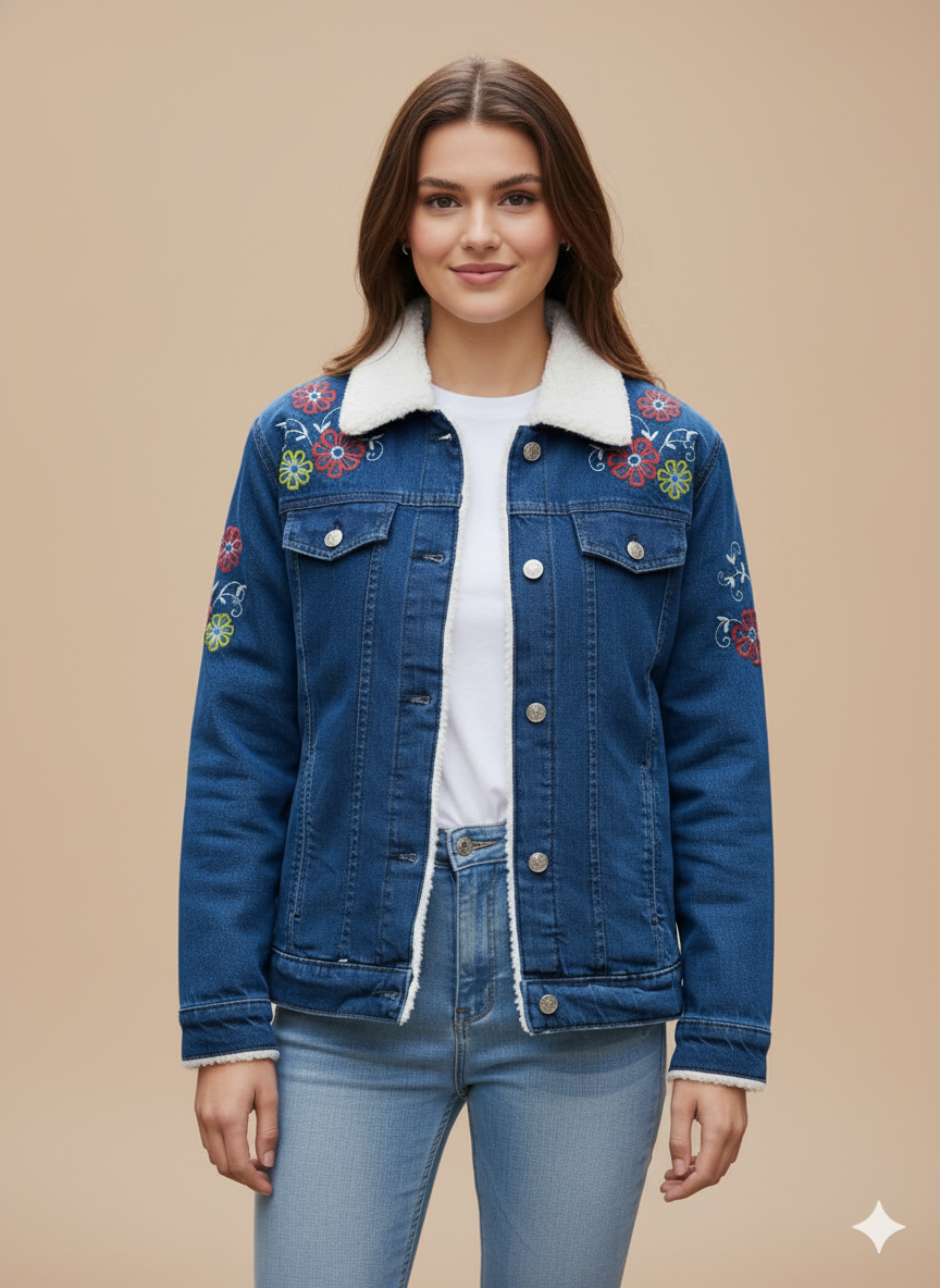 Girl Floral Embroidered Denim Jacket Blue – Dark Blue GFDJ-T005