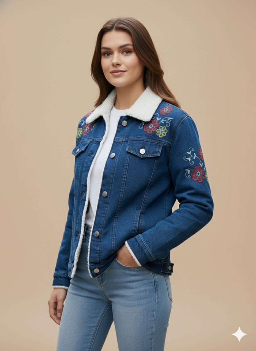 Girl Floral Embroidered Denim Jacket Blue – Dark Blue GFDJ-T005