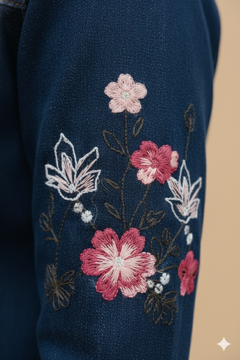 Floral Embroidered Denim Jacket Dark Indigo GFDJ-T007
