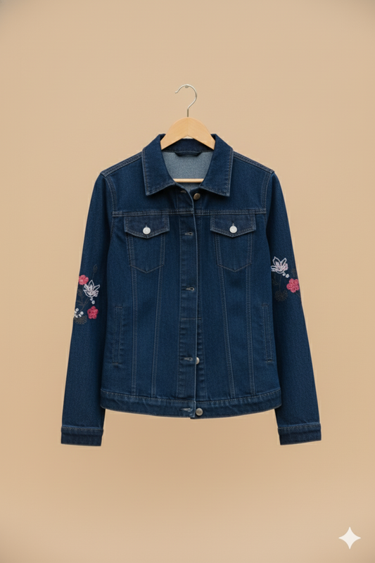 Floral Embroidered Denim Jacket Dark Indigo GFDJ-T007