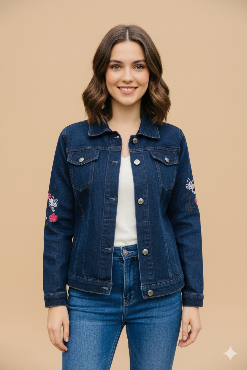 Floral Embroidered Denim Jacket Dark Indigo GFDJ-T007