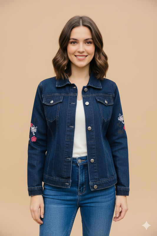 Floral Embroidered Denim Jacket Dark Indigo GFDJ-T007