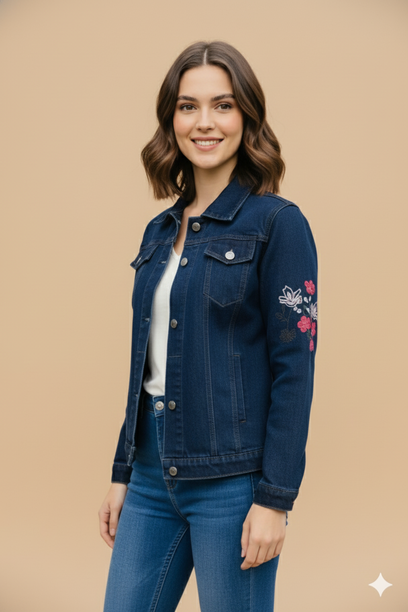Floral Embroidered Denim Jacket Dark Indigo GFDJ-T007
