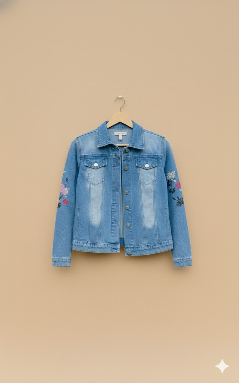 Girl Floral Embroidered Denim Jacket Light Blue GFDJ-T006