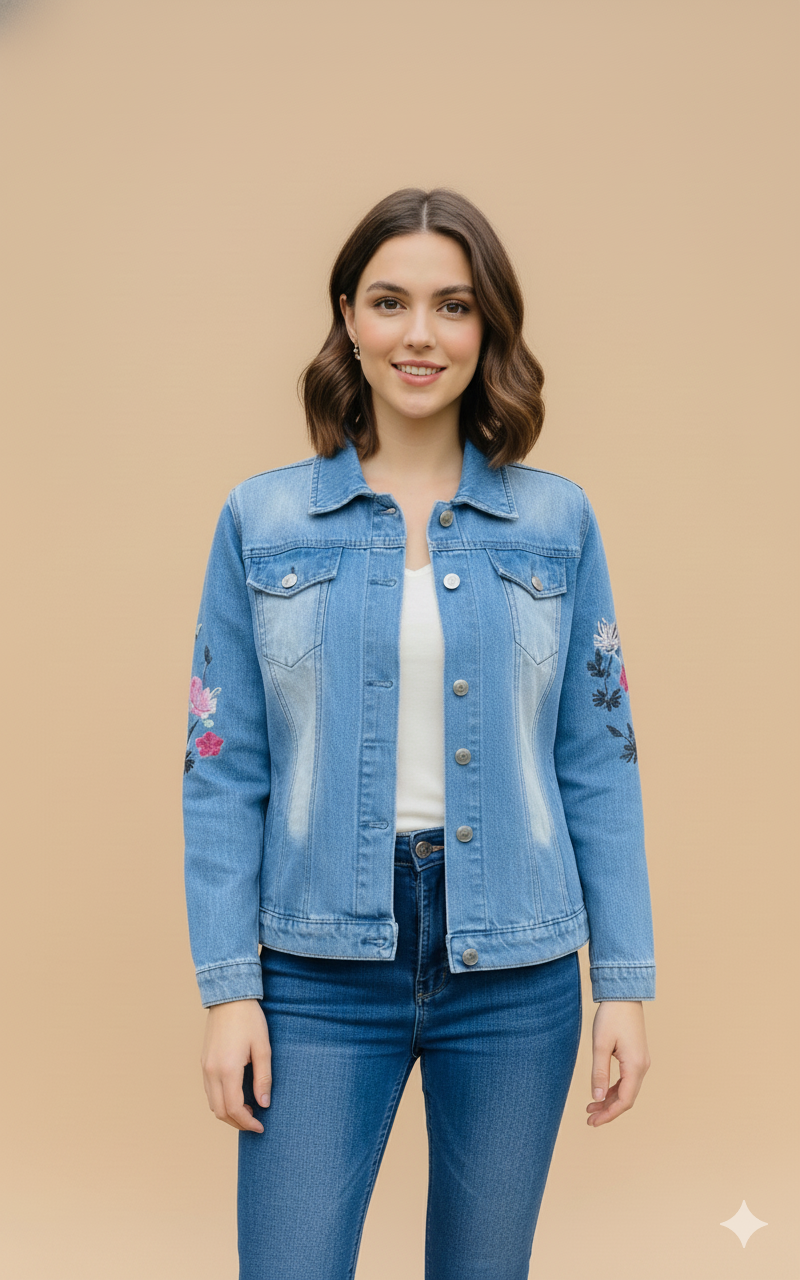 Girl Floral Embroidered Denim Jacket Light Blue GFDJ-T006