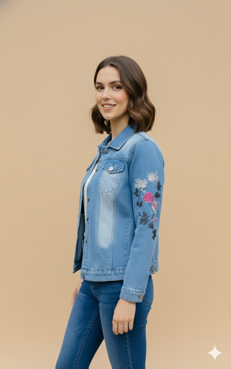 Girl Floral Embroidered Denim Jacket Light Blue GFDJ-T006