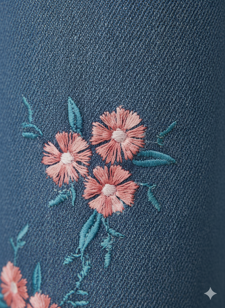Girls’ Floral Embroidered Denim Jeans – Light Blue KFJ-T001