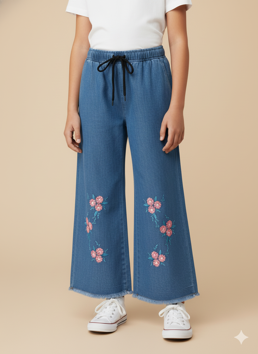 Girls’ Floral Embroidered Denim Jeans – Light Blue KFJ-T001