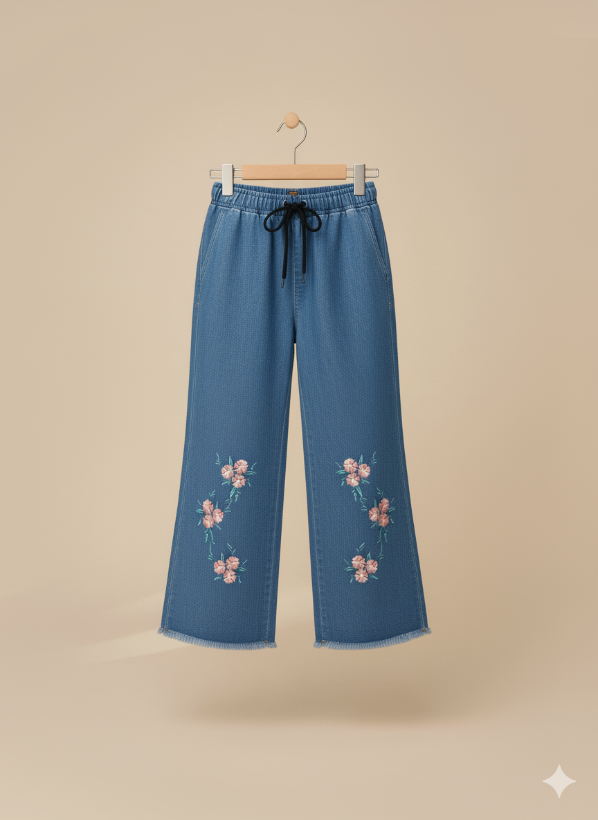 Girls’ Floral Embroidered Denim Jeans – Light Blue KFJ-T001