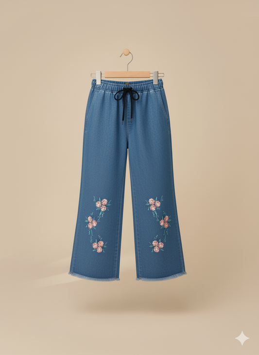Girls’ Floral Embroidered Denim Jeans – Light Blue KFJ-T001