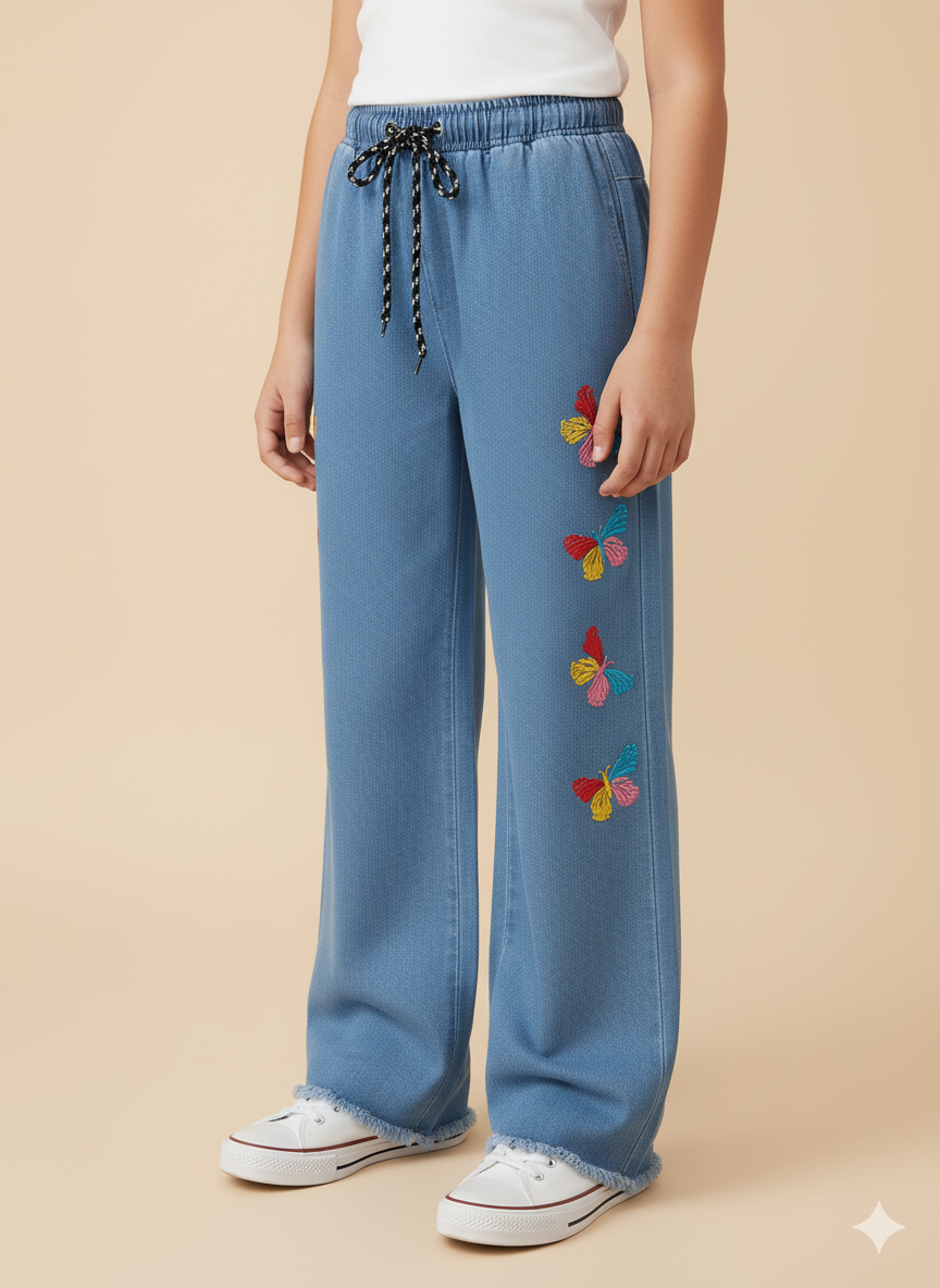 Girls’  Embroidered Butterfly Denim Jeans – Light Blue KMJ-T001