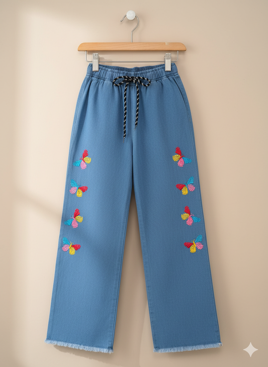 Girls’  Embroidered Butterfly Denim Jeans – Light Blue KMJ-T001