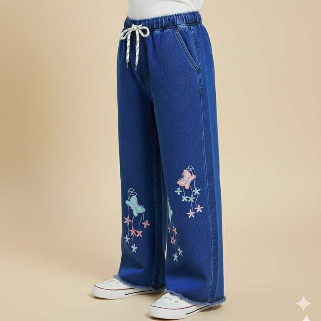 Girl Butterfly Embroidered Denim Jean Navy Dark Blue GFJ-T013