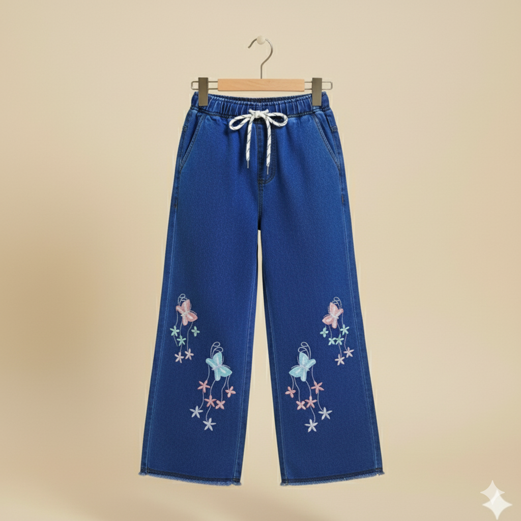 Girl Butterfly Embroidered Denim Jean Navy Dark Blue GFJ-T013