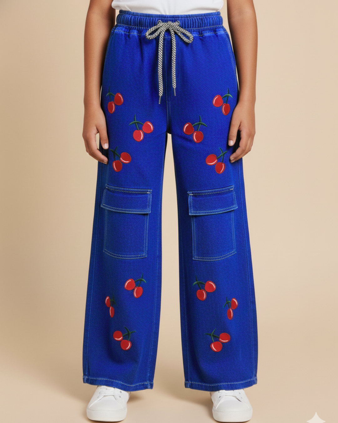 Girl Cherry Embroidered Denim Royal Dark Blue GFJ-T014