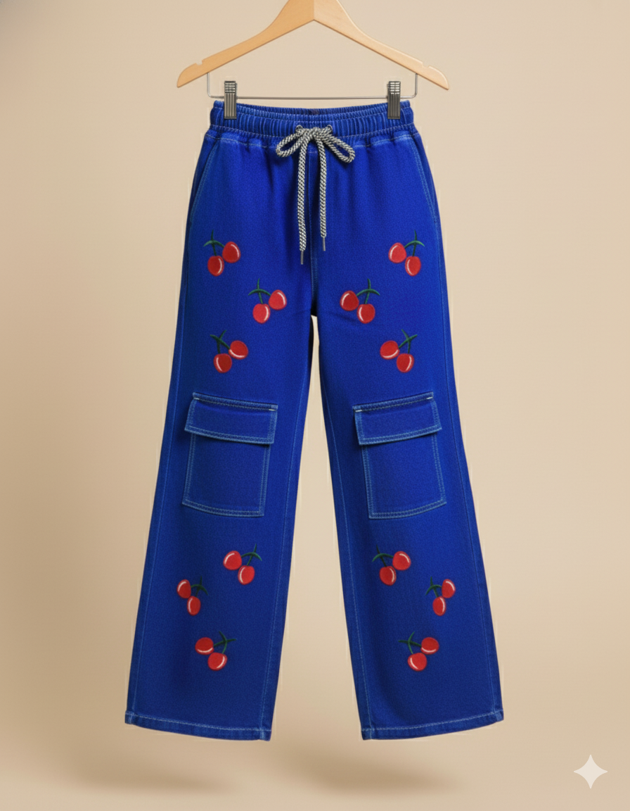 Girl Cherry Embroidered Denim Royal Dark Blue GFJ-T014