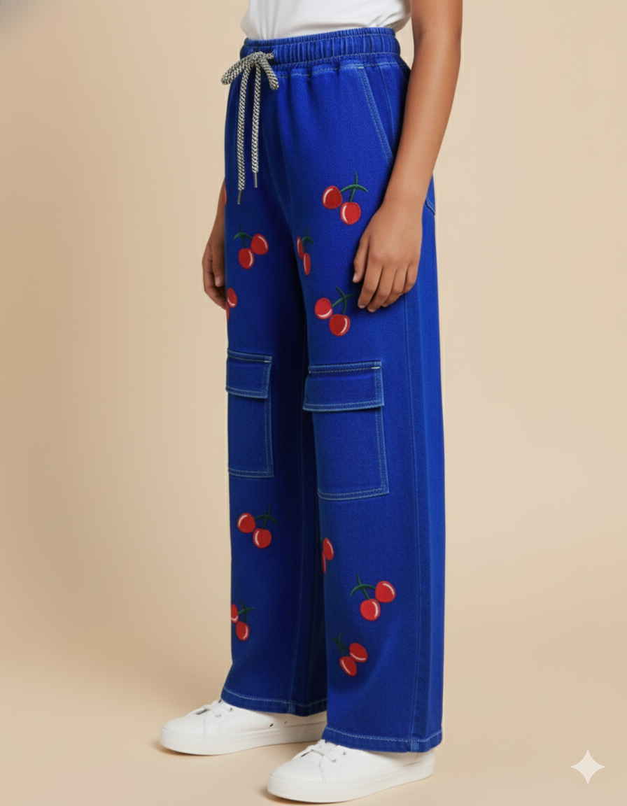 Girl Cherry Embroidered Denim Royal Dark Blue GFJ-T014