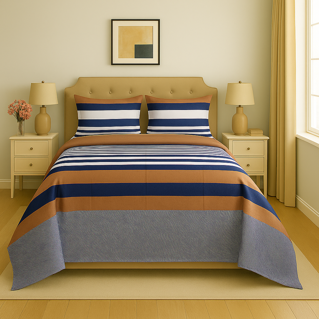 Bedroom with striped bedding, headboard, and nightstands.