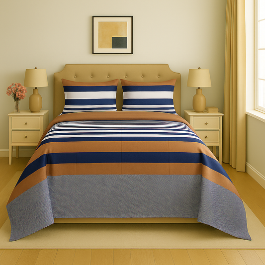 Bedroom with striped bedding, headboard, and nightstands.
