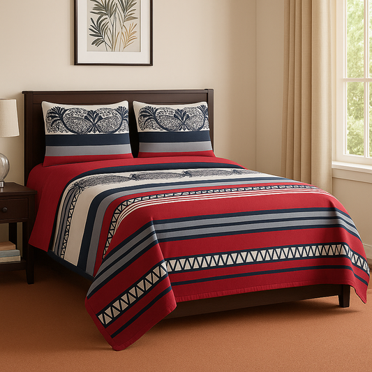 Bed with red and blue striped bedding in a bedroom setting