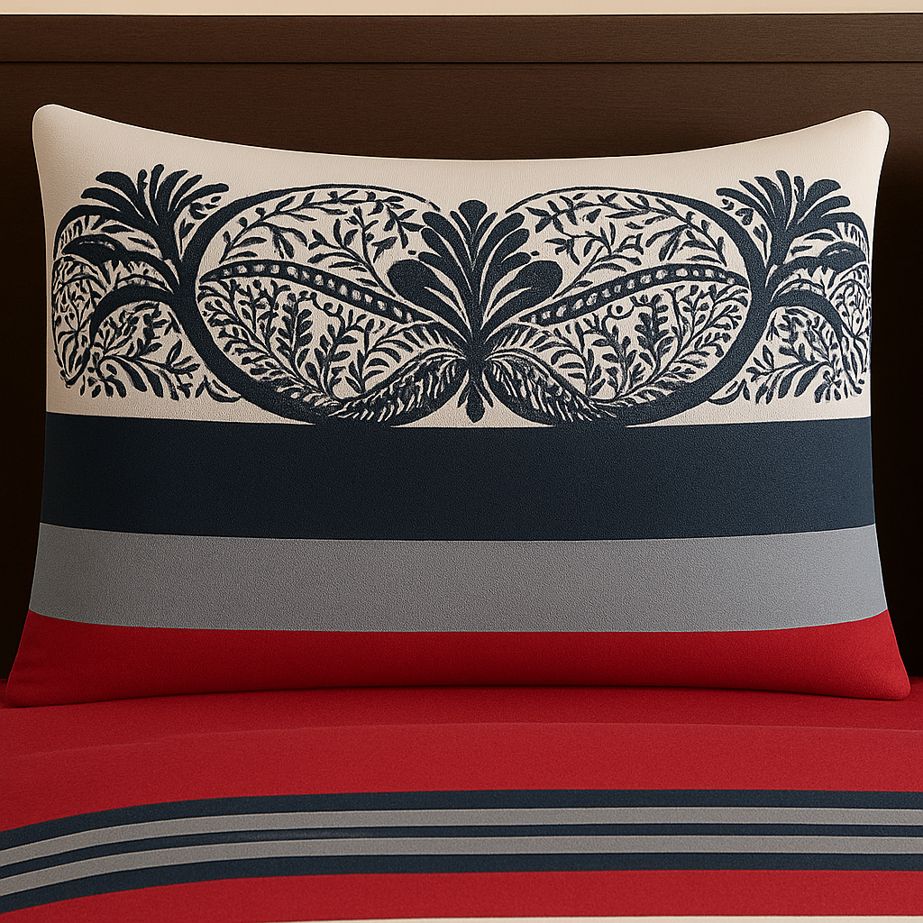 Decorative pillow with floral pattern and color block design on a bed.