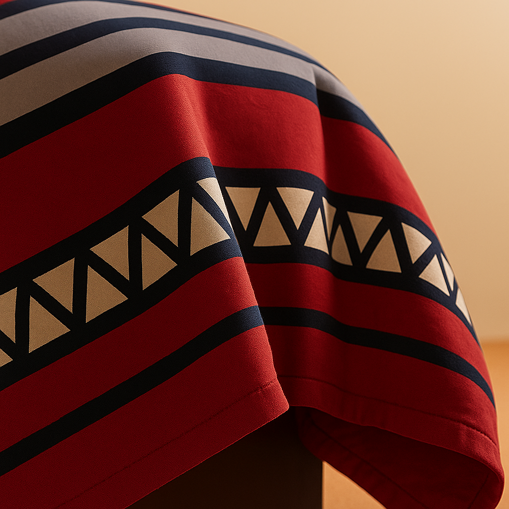 Close-up of a red fabric with geometric pattern on a beige background