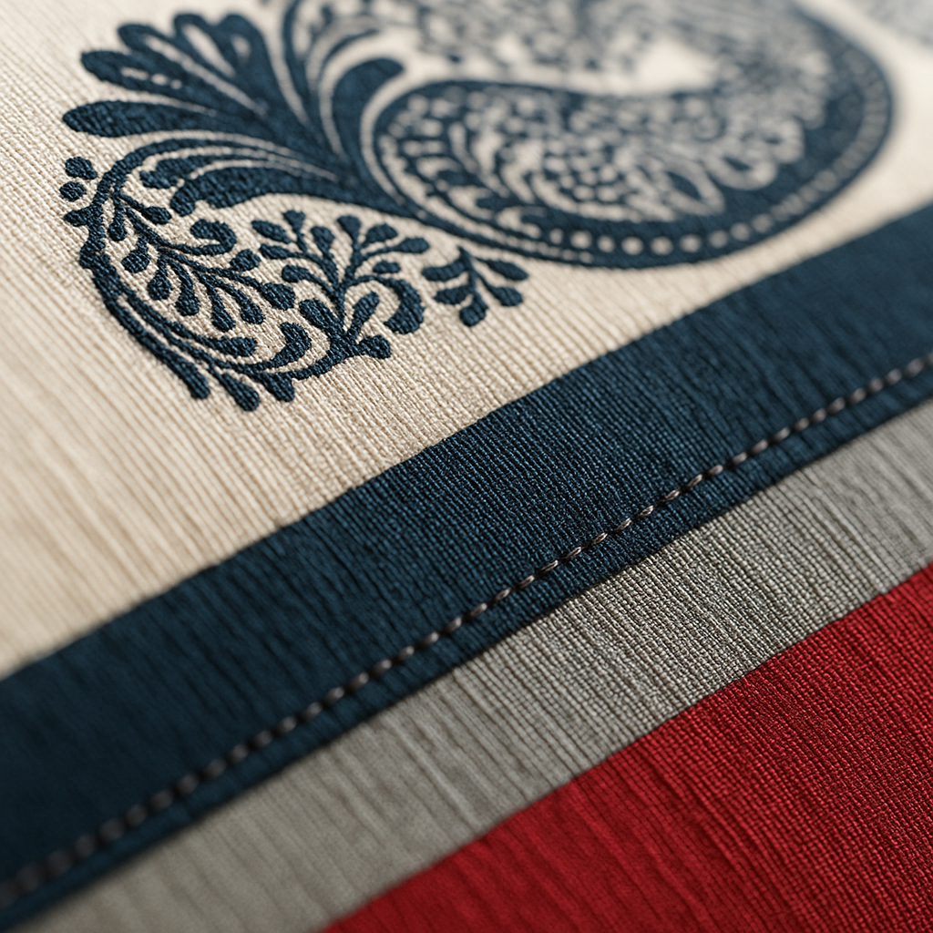 Close-up of a textured fabric with intricate design and color gradient.