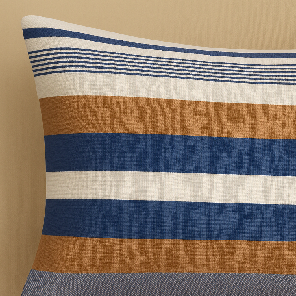 Striped pillow with blue, brown, and white colors on a beige background