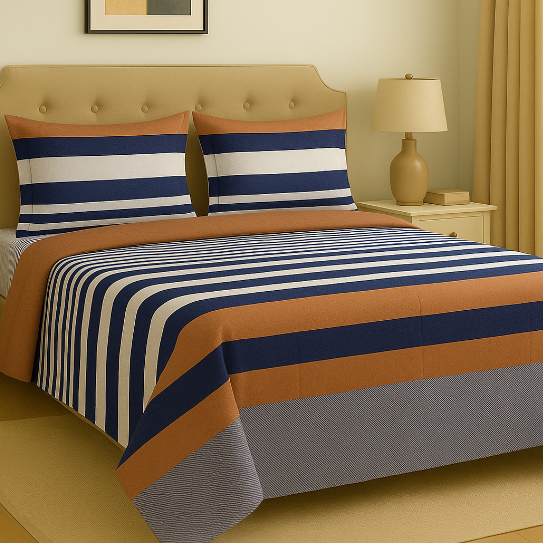Striped bedspread with blue, orange, and gray colors on a bed in a bedroom setting.